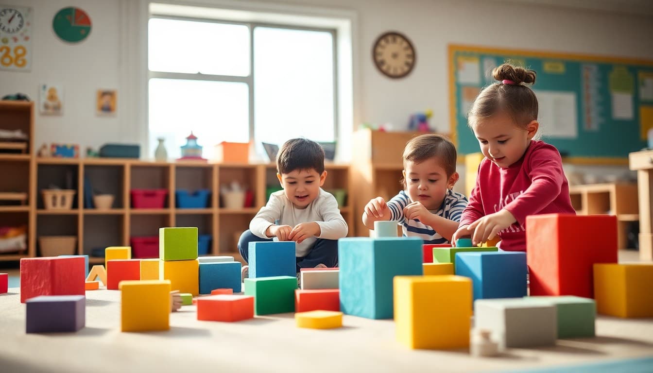 Illinois Pre-K children building with large foam blocks in a preschool classroom in Chicago