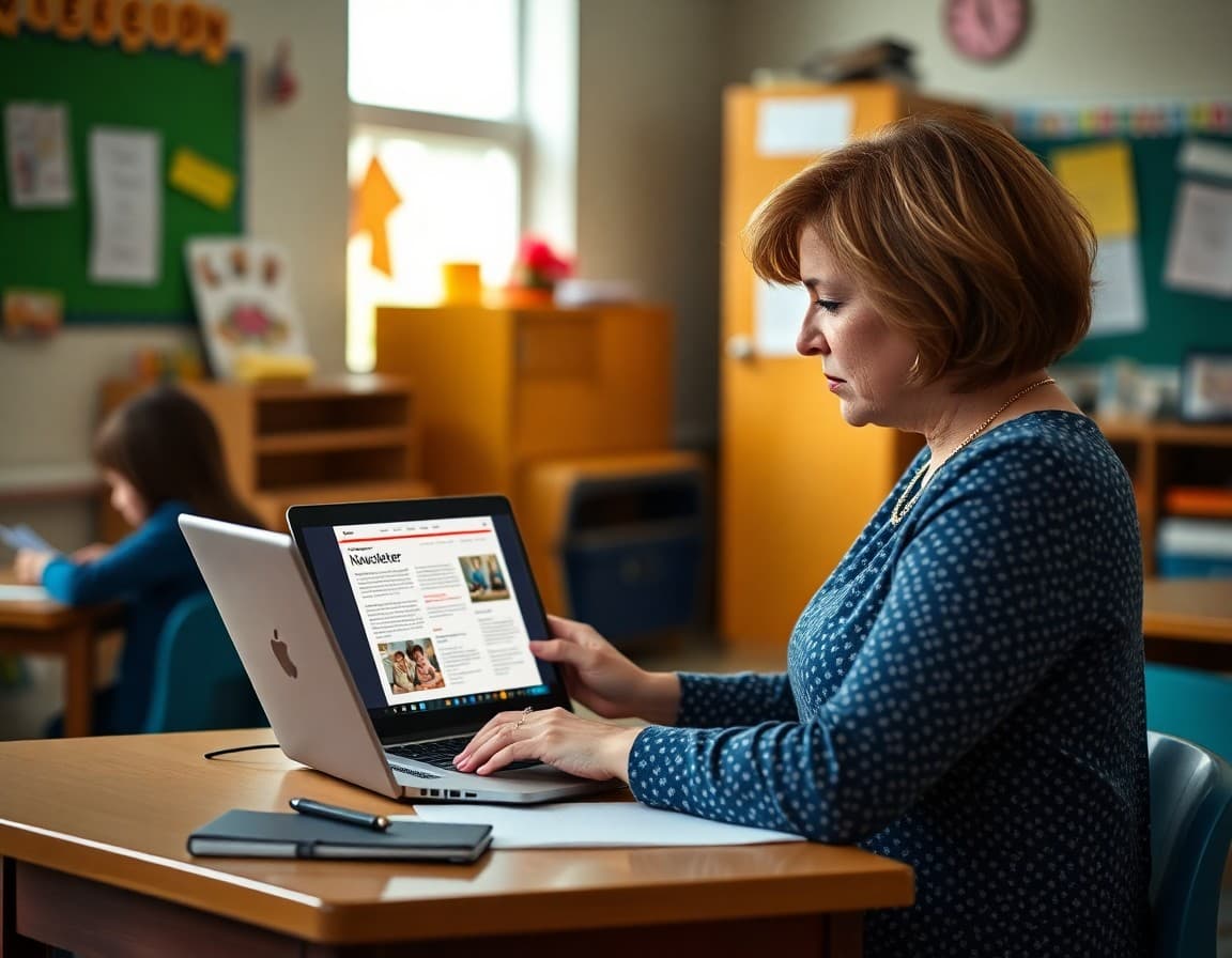 Louisiana preschool teacher reviewing a newsletter template on a laptop at her classroom desk