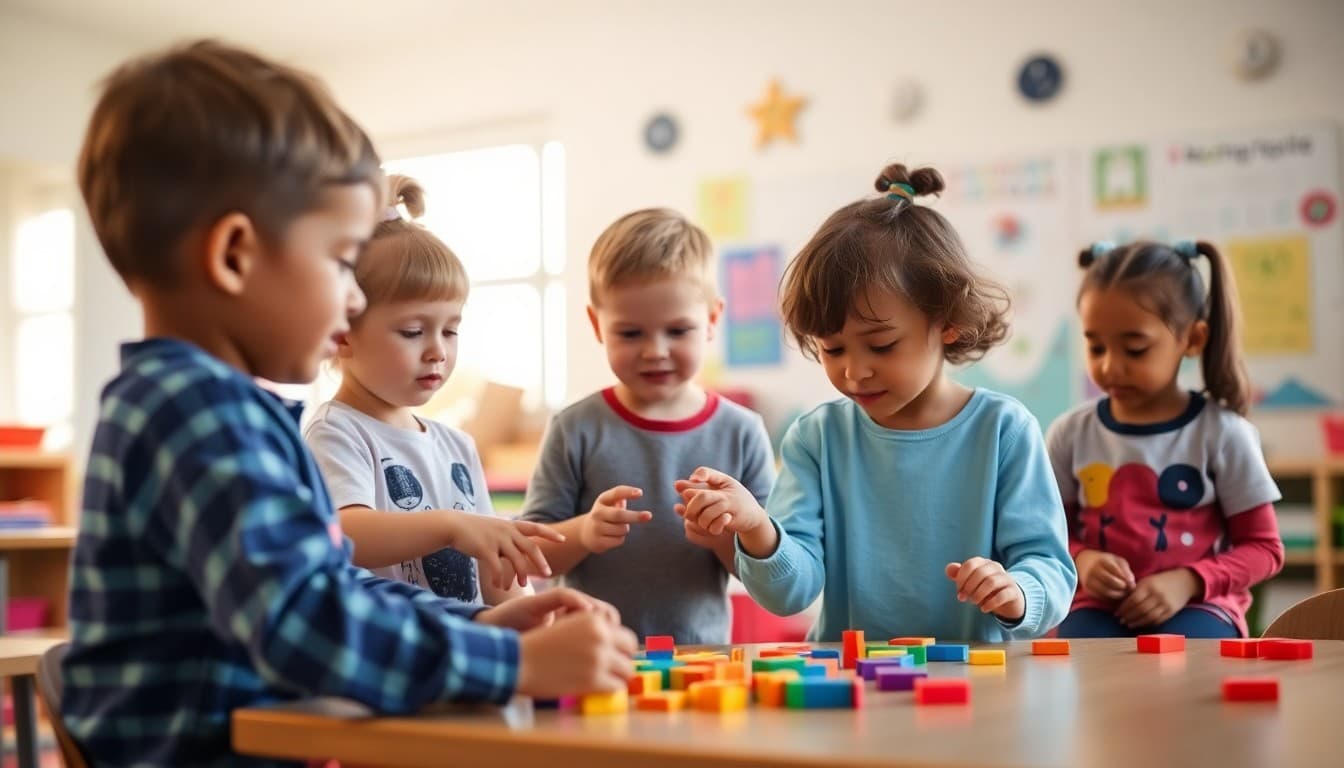 Missouri Pre-K children working on a counting activity with manipulatives in a bright classroom