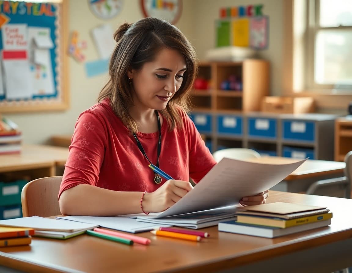 North Carolina preschool teacher writing a family newsletter at her classroom desk