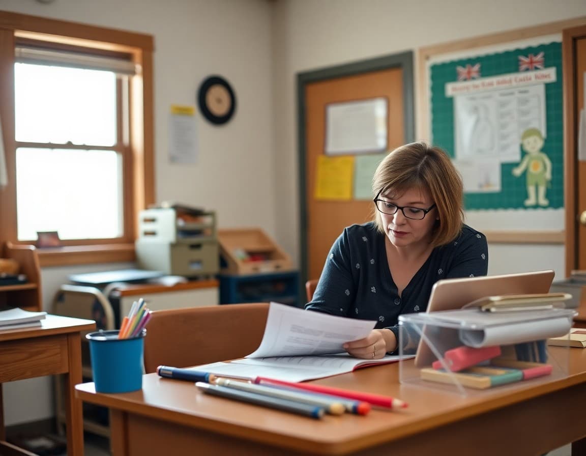 North Dakota preschool teacher preparing a family newsletter at her small-town school desk