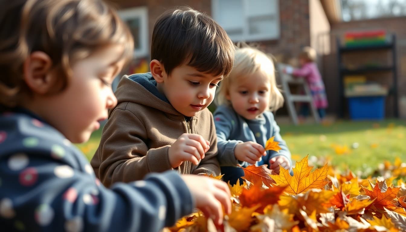 New Hampshire Pre-K children doing a fall leaf exploration activity in a New England school yard