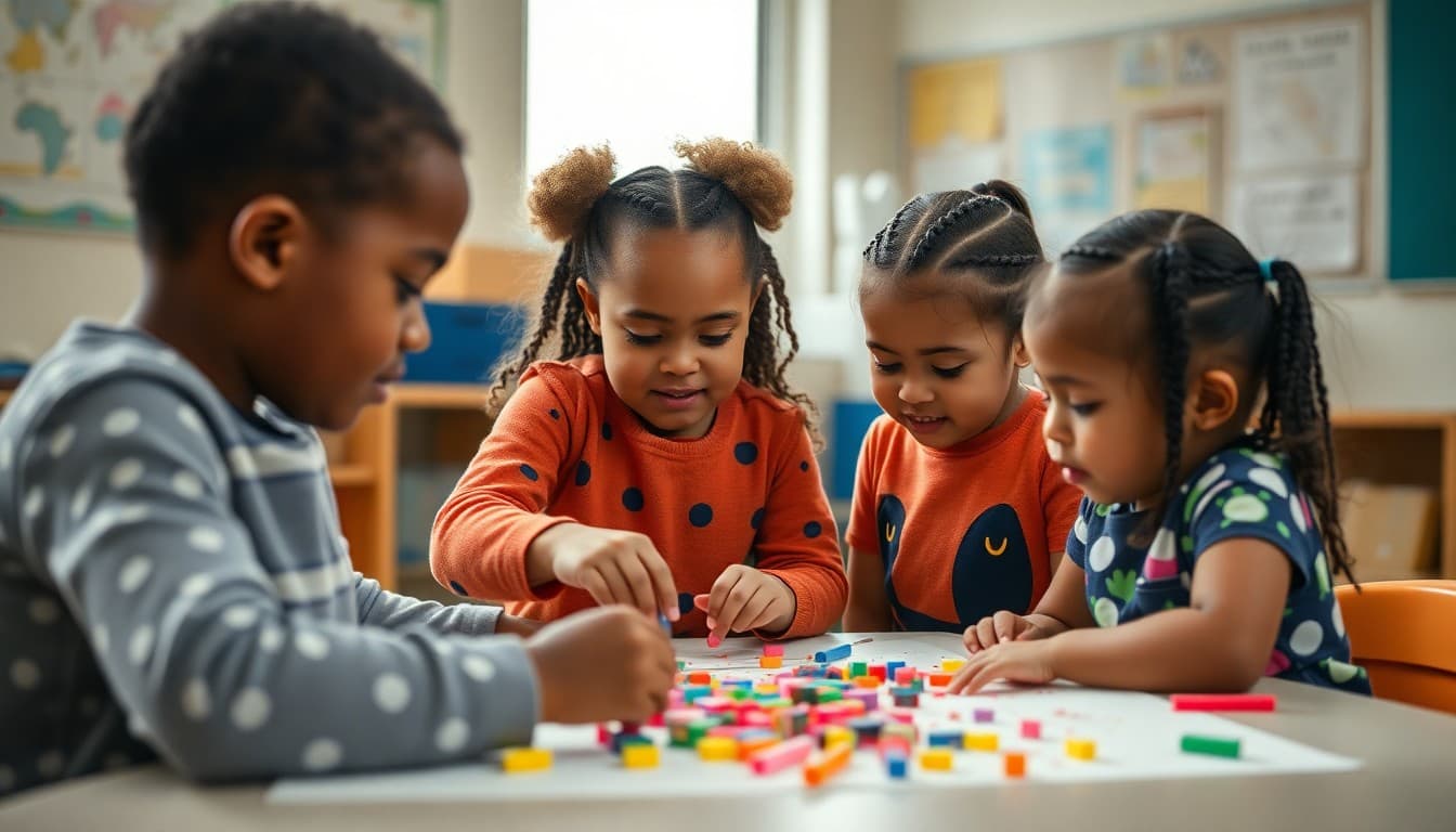 New York City Pre-K classroom with diverse children working on a collaborative art project