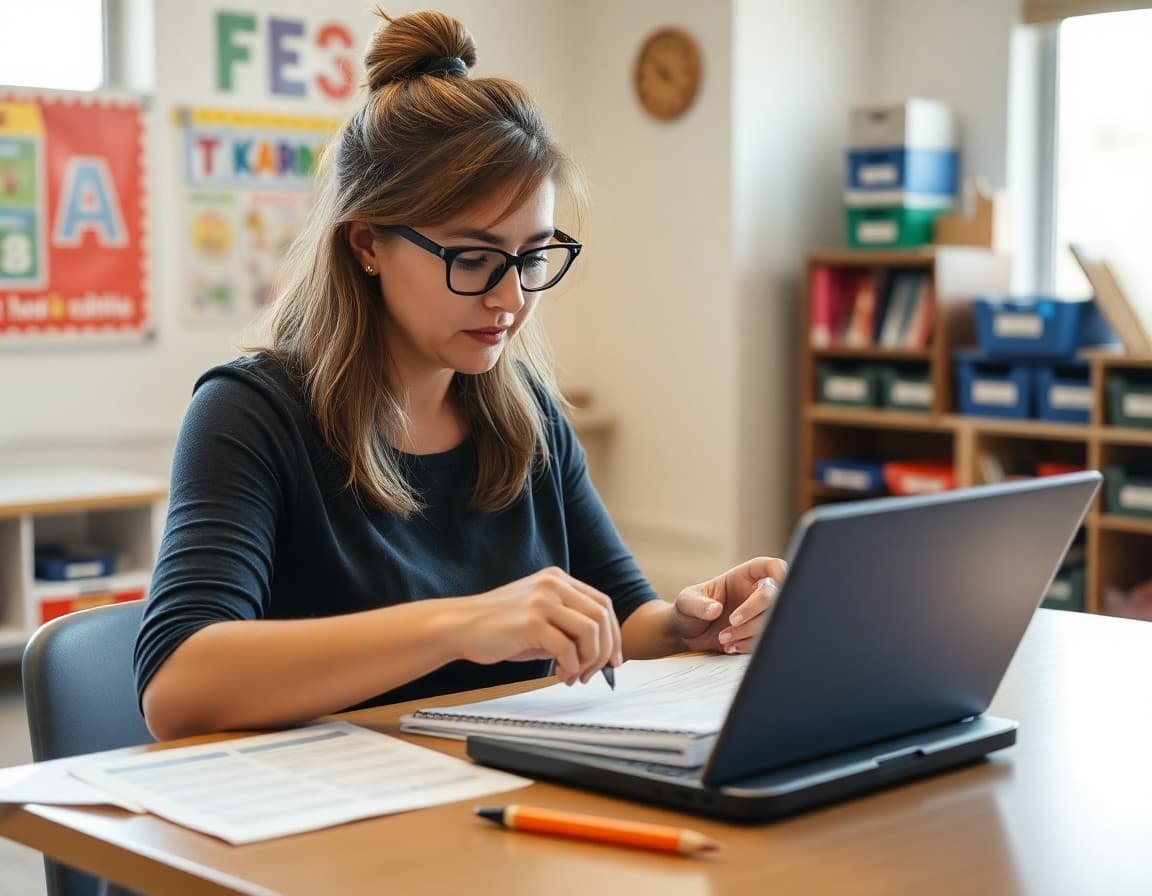 Ohio preschool teacher preparing a weekly family newsletter at her school desk