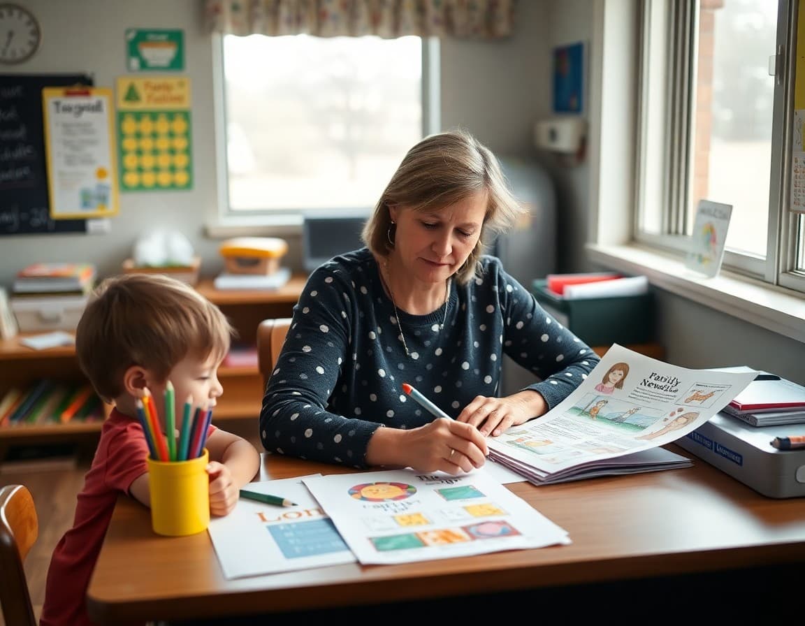 Oklahoma preschool teacher preparing a family newsletter with student artwork on her desk
