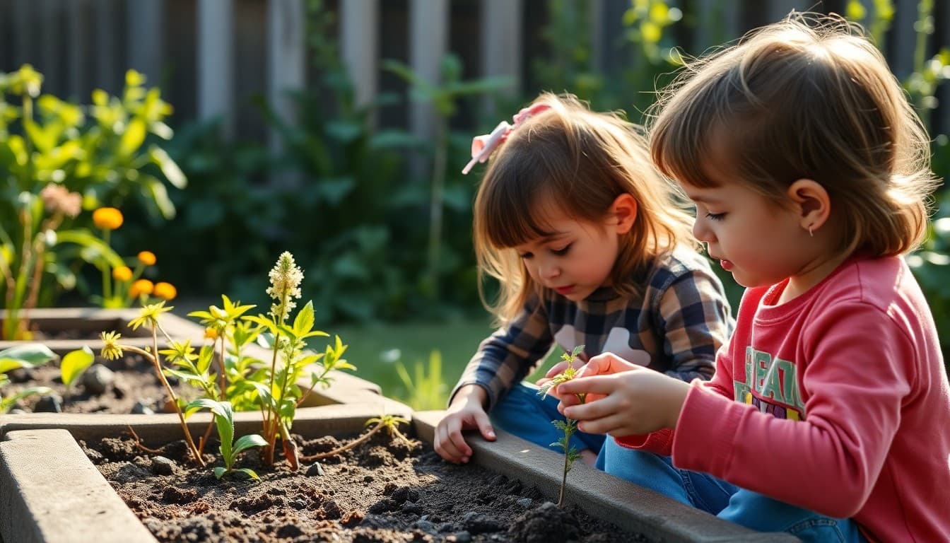 Oregon Pre-K children doing an outdoor nature exploration in a Pacific Northwest school garden