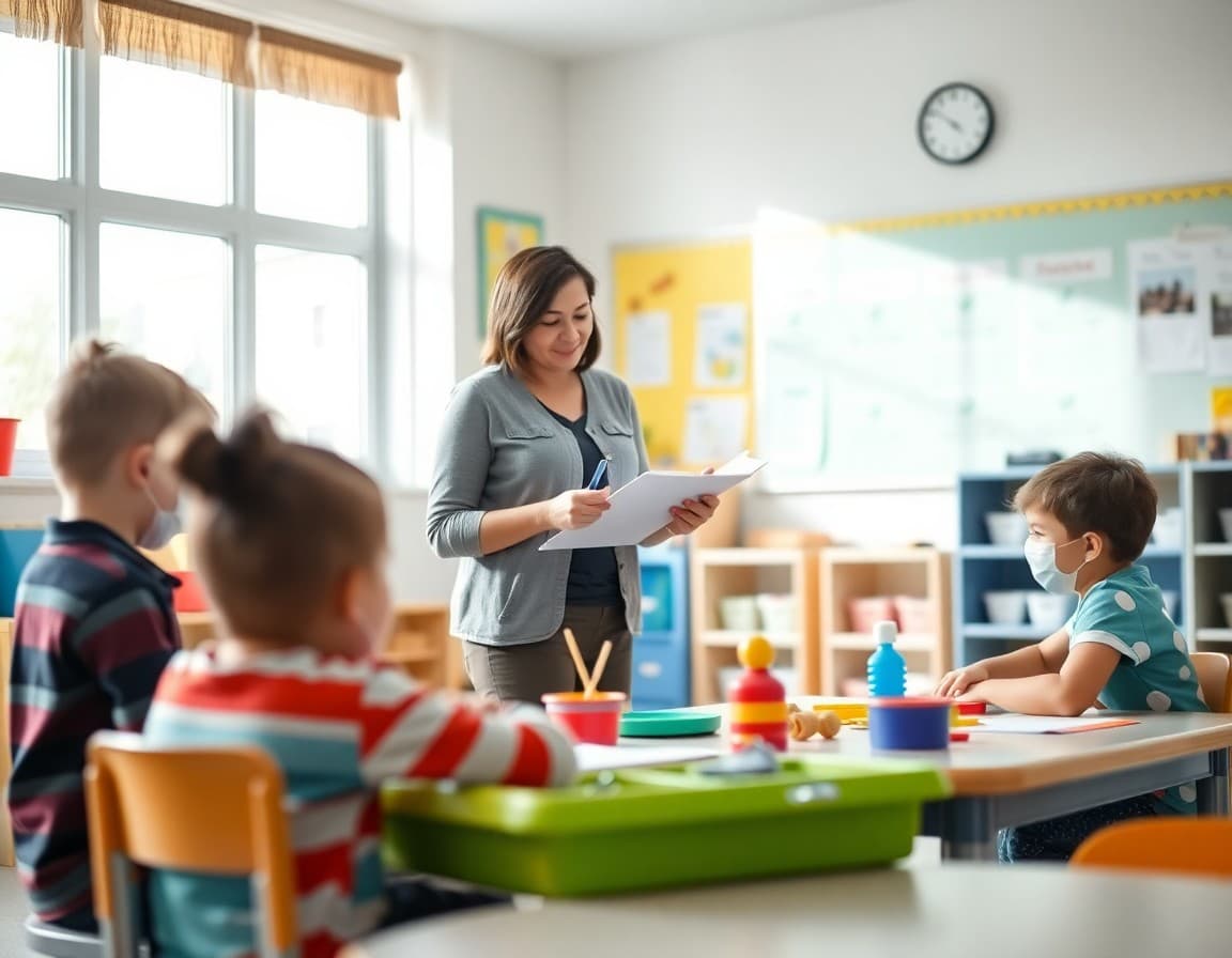 Pre-K teacher taking observational notes while children work at learning centers in classroom