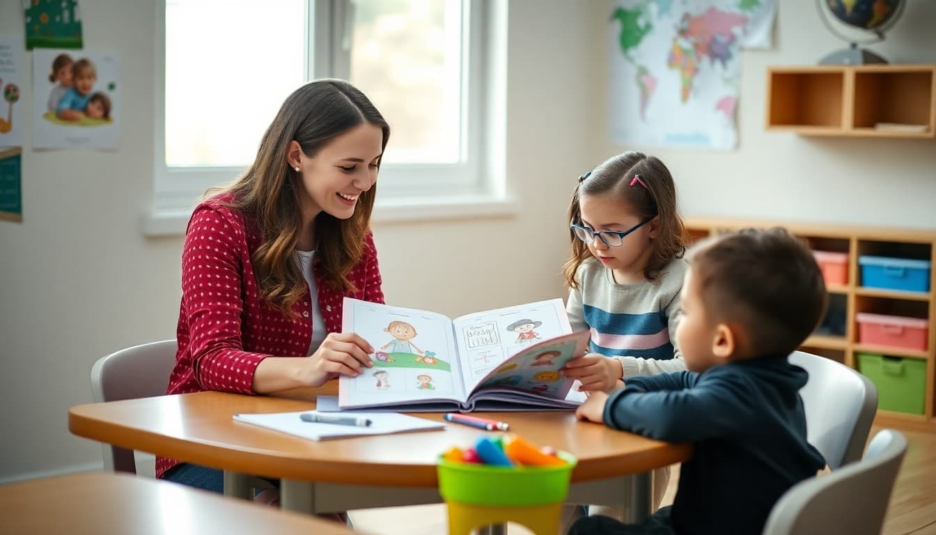 Preschool teacher reviewing a child development portfolio with a parent at a conference table