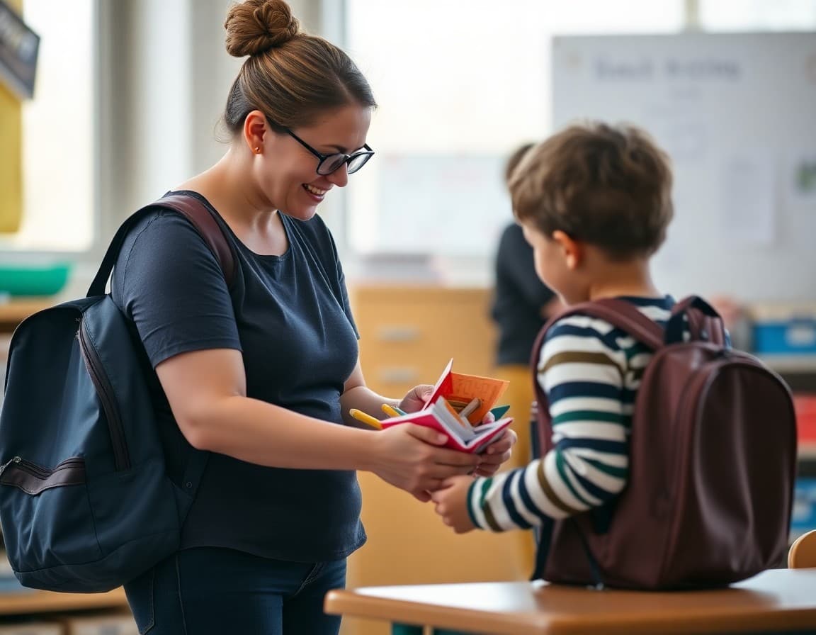 Pre-K teacher reviewing contents of child's backpack with parent during drop-off