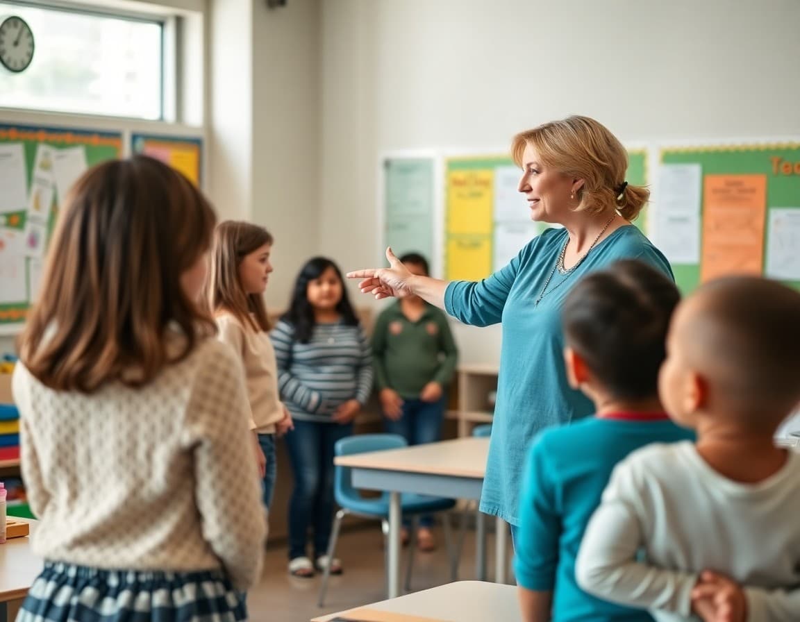 Pre-K teacher pointing out classroom learning areas to parents during open house tour