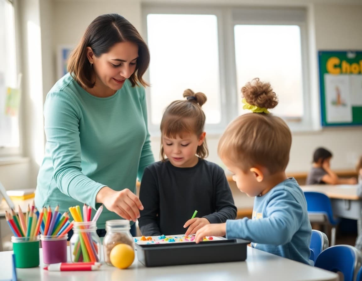 Pre-K classroom volunteer helping children with art project at the craft table