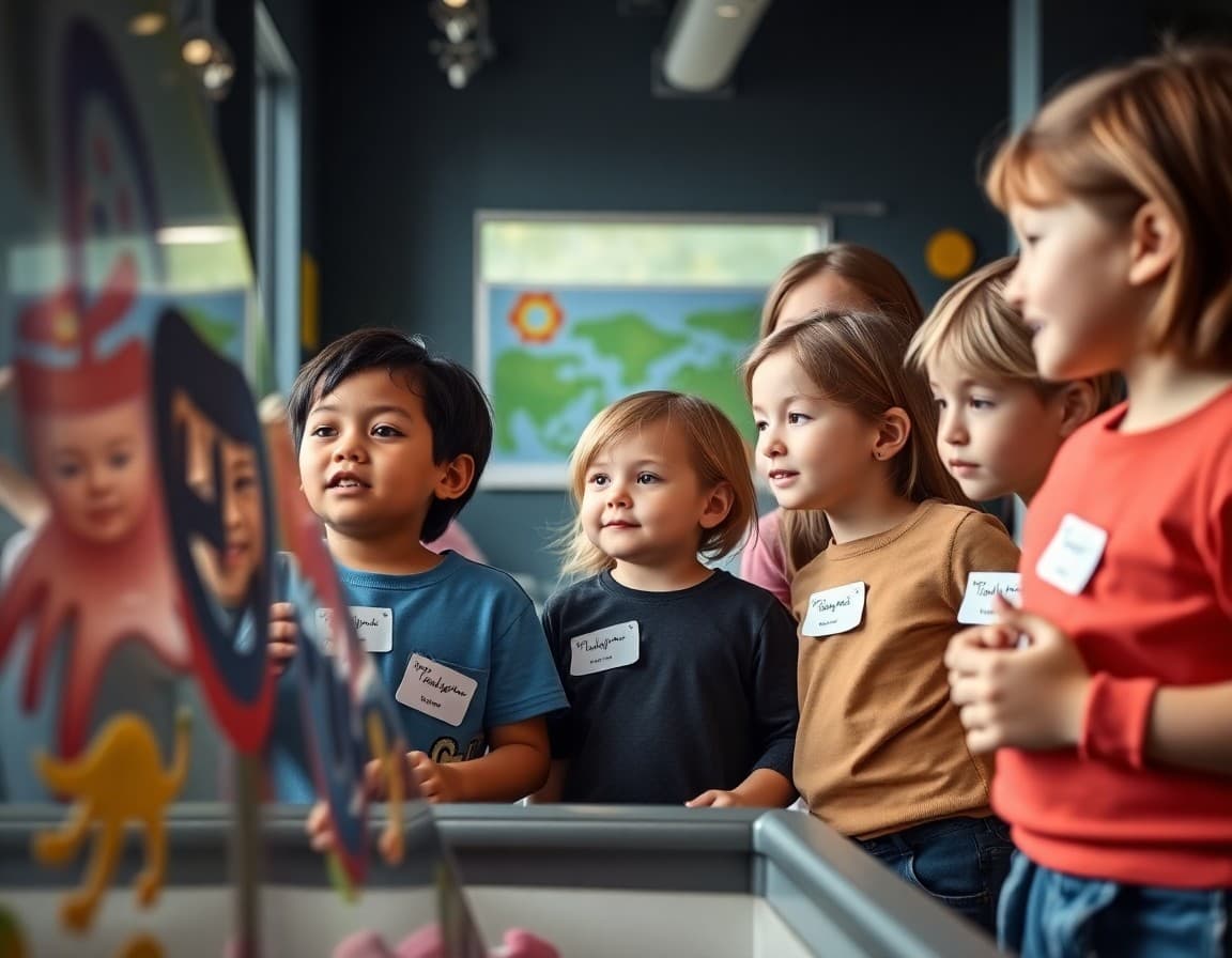 Pre-K children wearing name tags exploring a children's museum exhibit with teacher