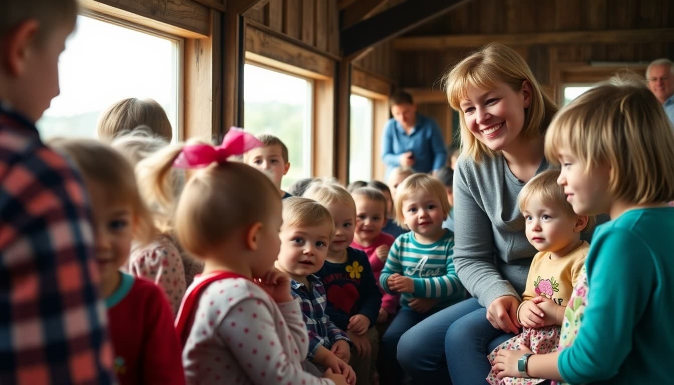 Preschool class on their first field trip to a farm with teacher and parent chaperones