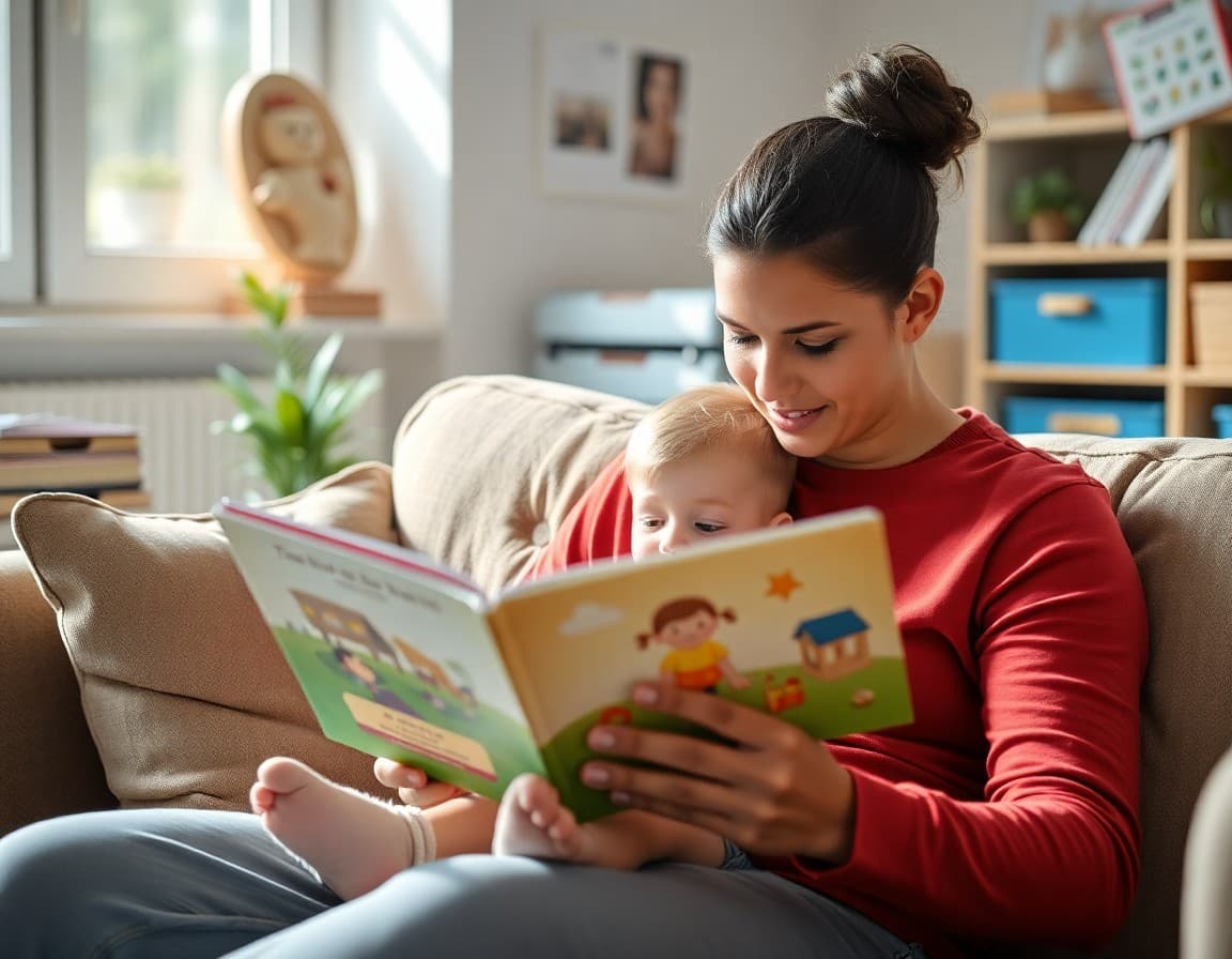 Parent and preschool child reading together on a couch with an illustrated picture book