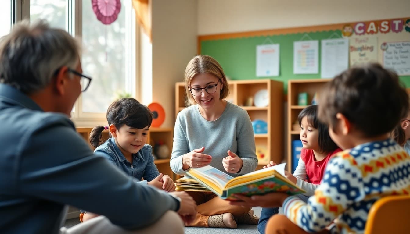 Preschool teacher sharing early literacy activities and book-reading strategies with parents
