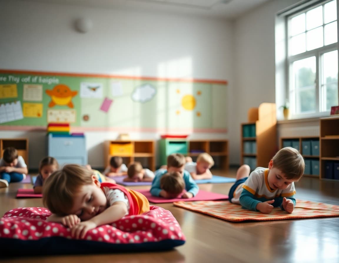 Pre-K classroom with dimmed lights and children on rest mats during quiet afternoon time