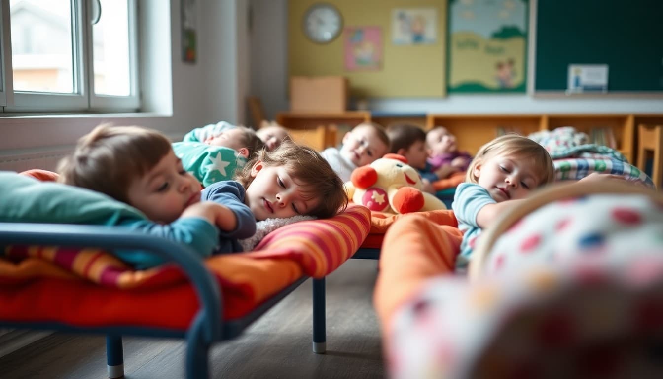 Preschool children resting on colorful cots with stuffed animals during nap time