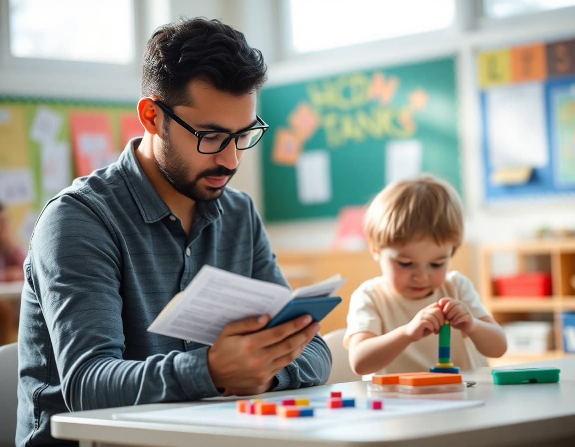 Parent reading about developmental milestones on a phone while preschool child plays nearby