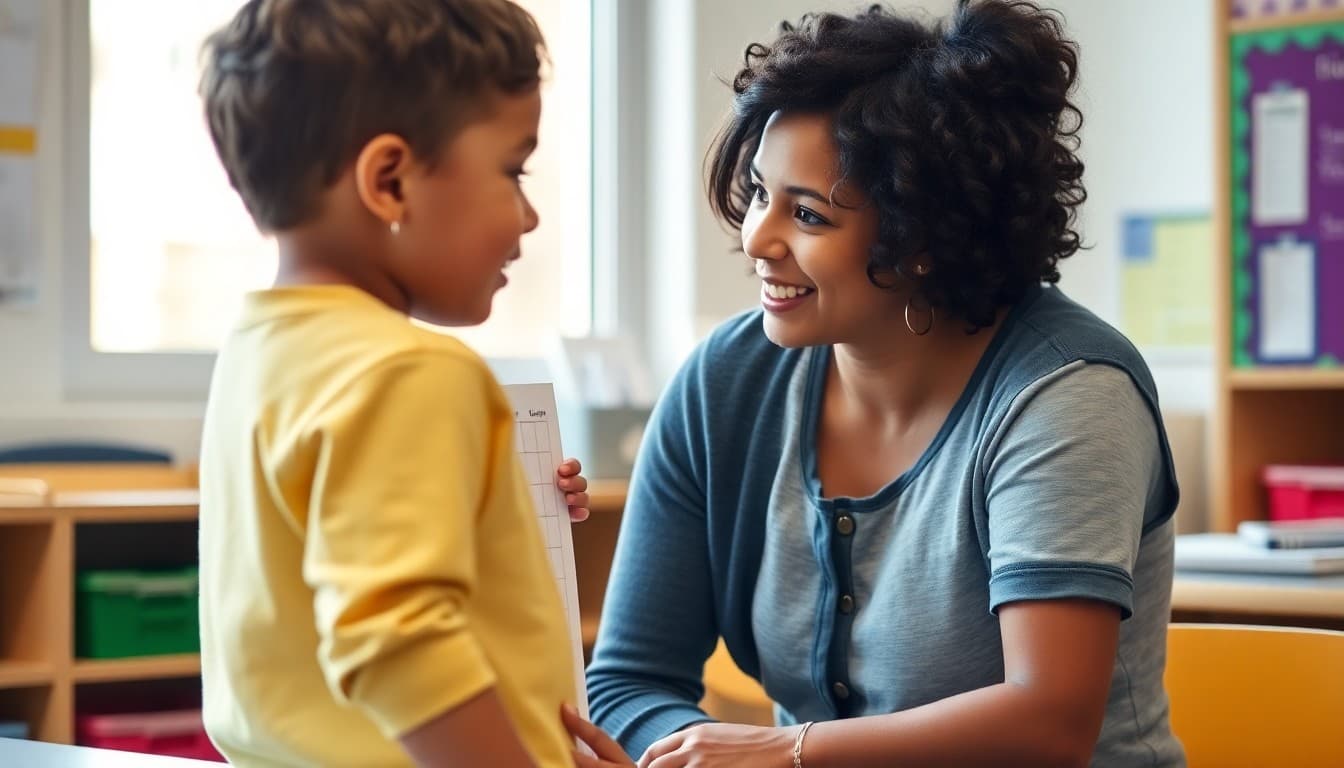Pre-K teacher showing a child a developmental milestone chart during an observation