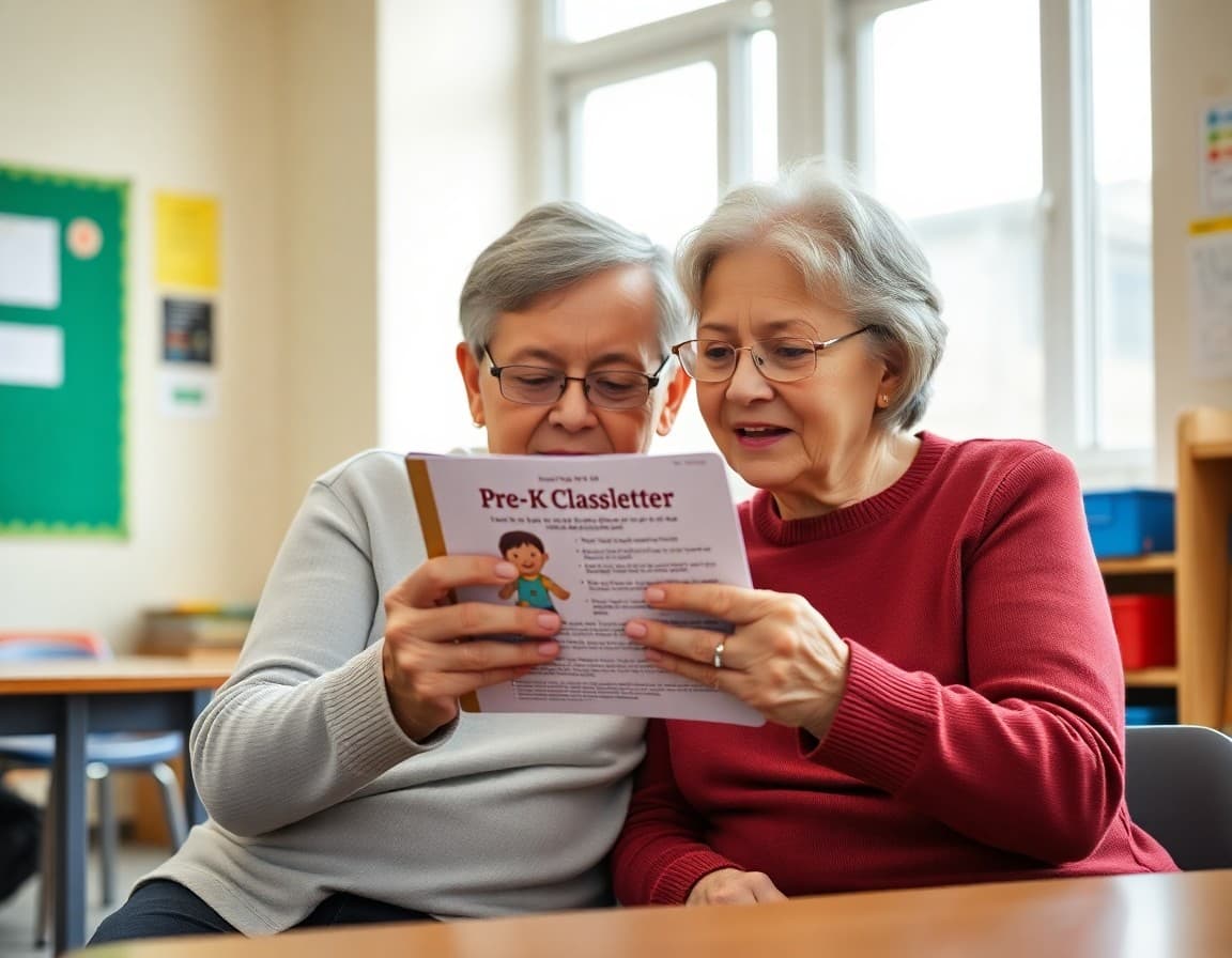 Parent and grandparent reading a Pre-K classroom newsletter together on a phone