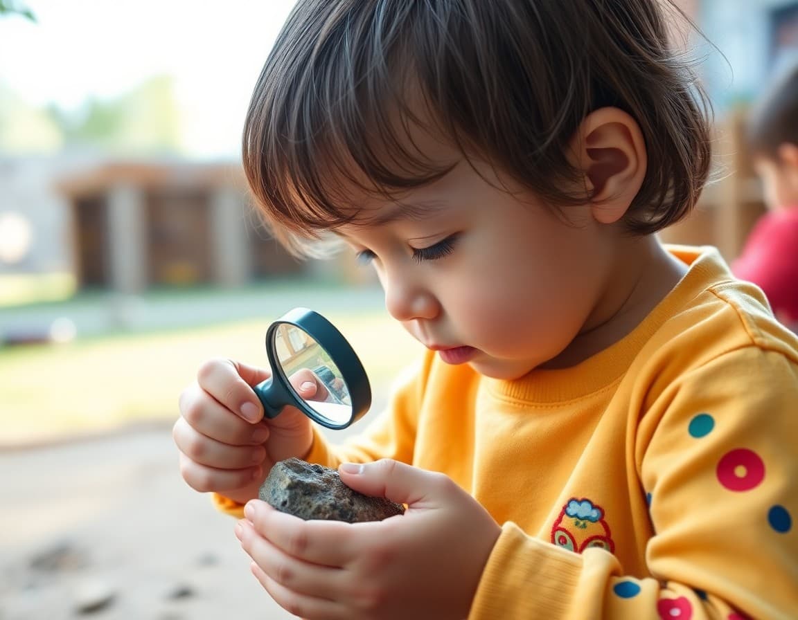 Pre-K child using a magnifying glass to examine a rock in an outdoor classroom area