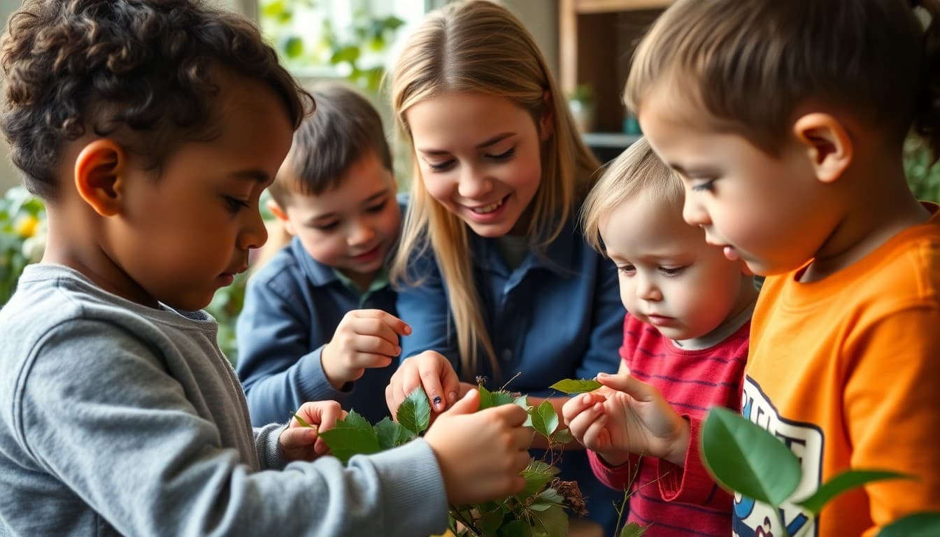 Preschool children exploring leaves and insects in a school garden with their teacher
