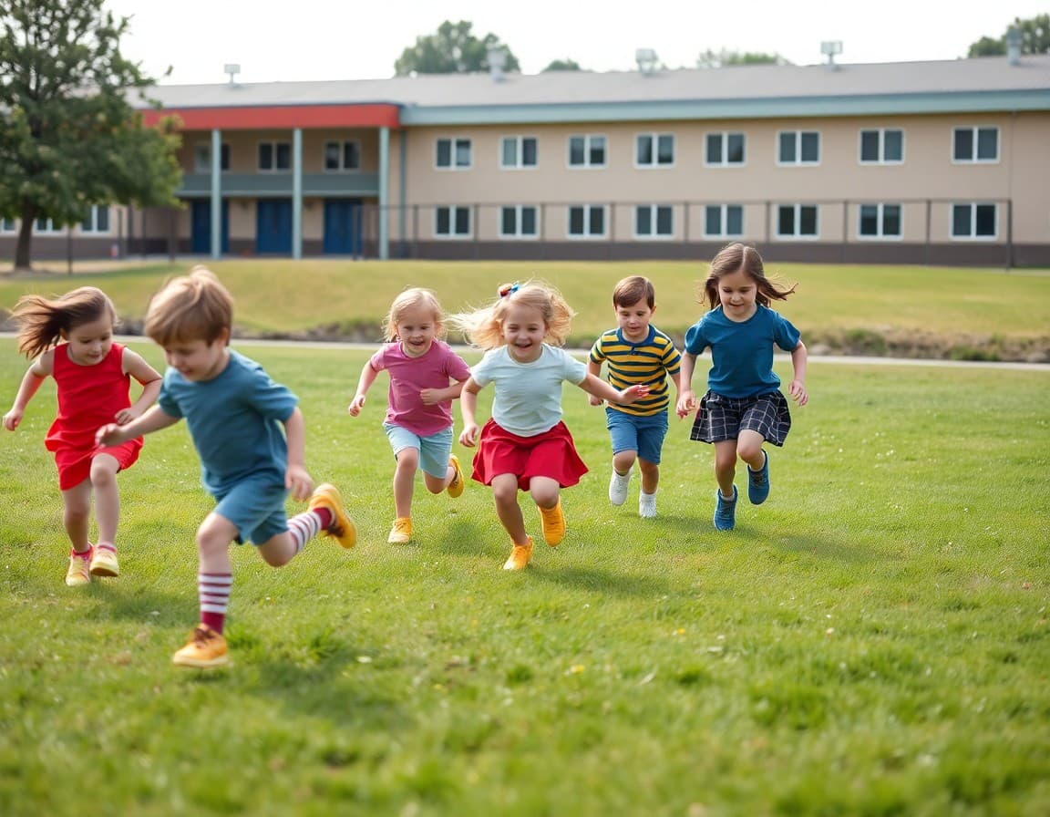 Pre-K children running and jumping in an open grassy field with teacher supervising