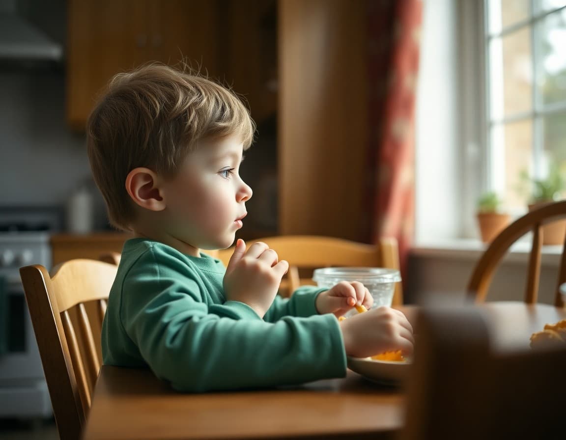 Pre-K child having a snack and doing quiet play at the kitchen table after school