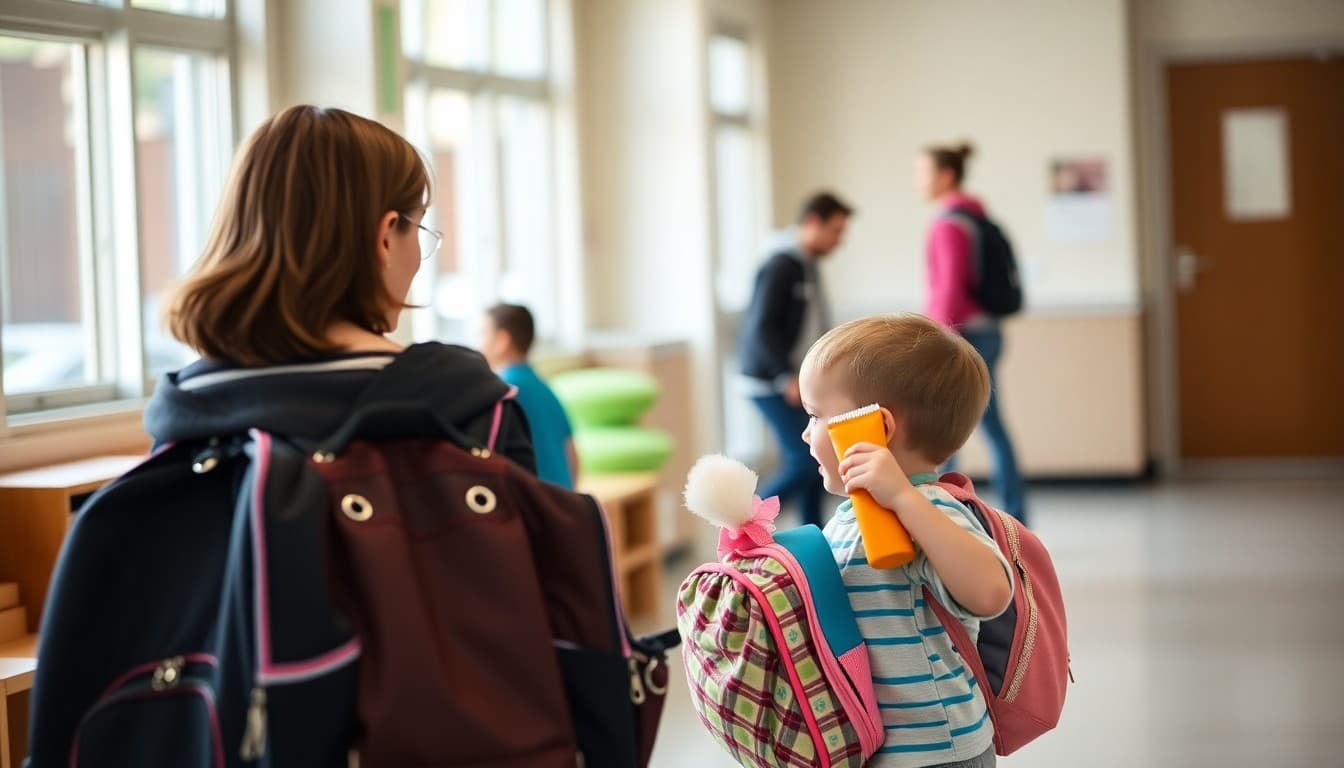 Parent picking up a preschool child after school, child holding backpack and snack