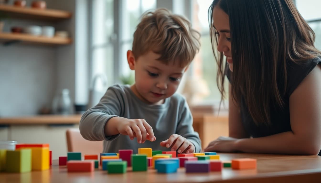 Preschool child counting colorful blocks on a kitchen table with a parent