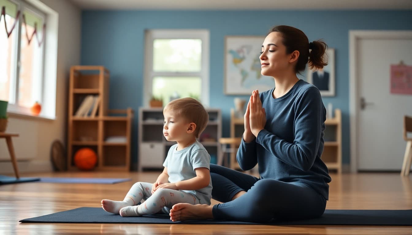 Parent and preschool child doing calming breathing exercises together on a yoga mat