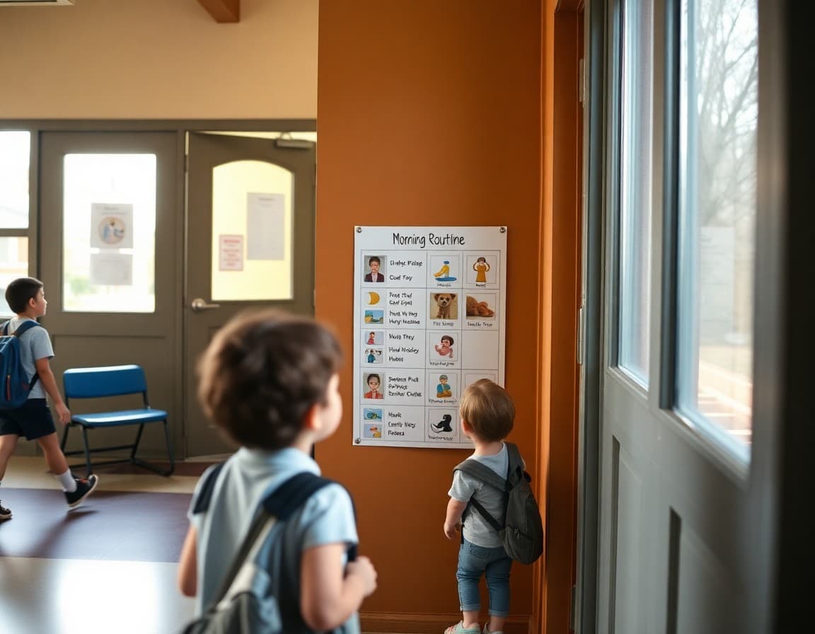 Visual morning routine chart with pictures posted at a child's eye level near the front door