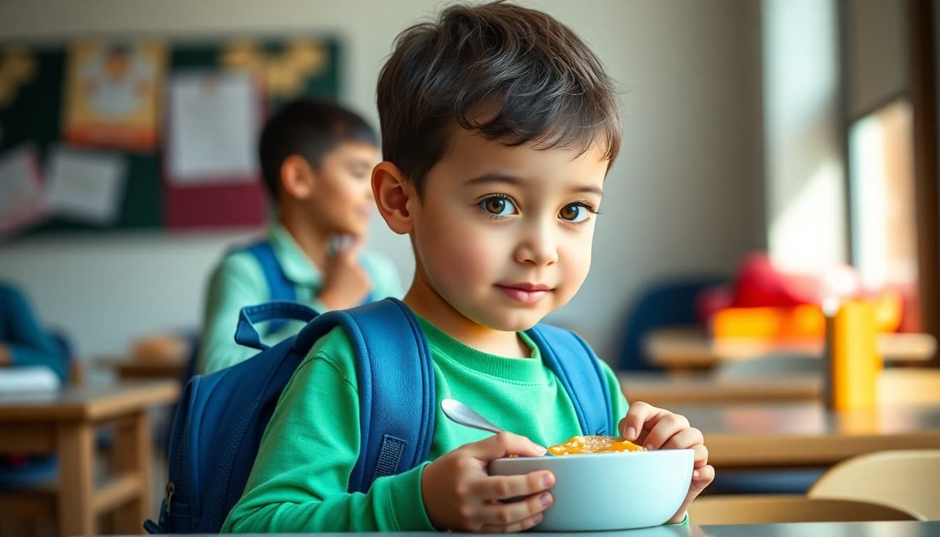 Preschool child eating breakfast and getting backpack ready for school morning