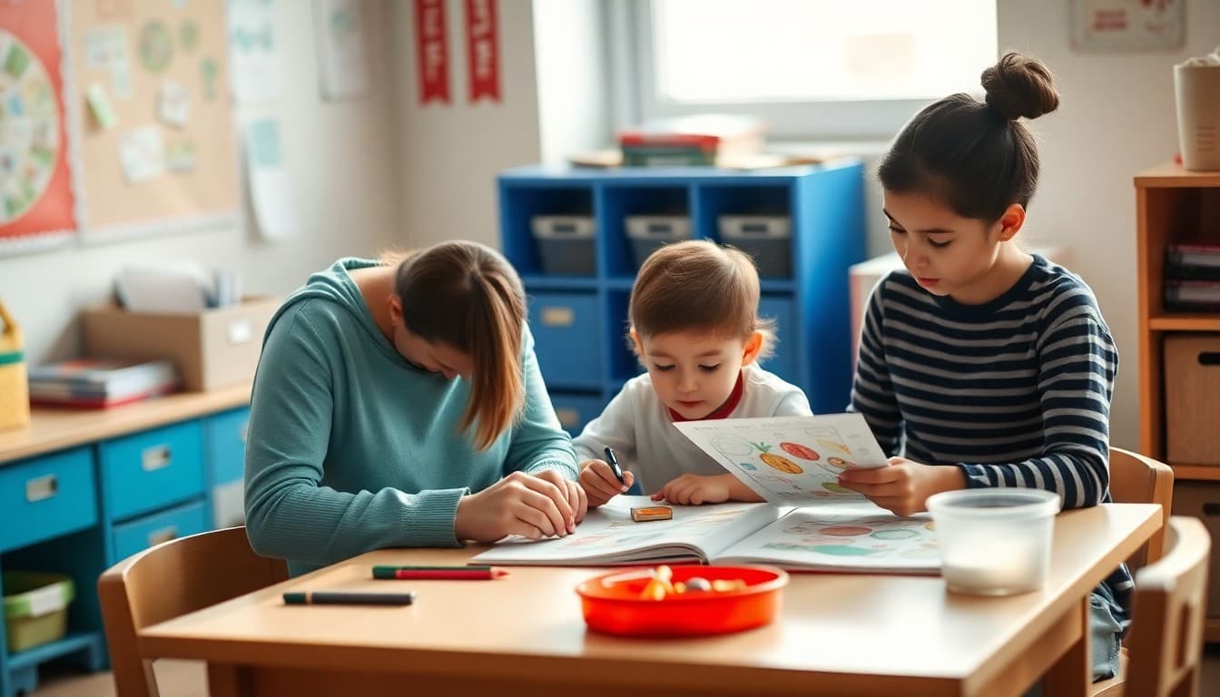 Pre-K teacher and parent sitting across a small table reviewing a child's portfolio