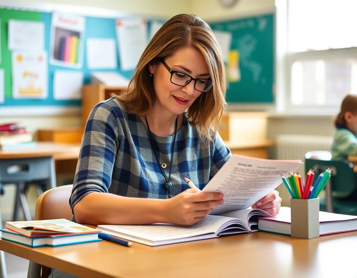 Teacher writing a reading tips newsletter at her classroom desk