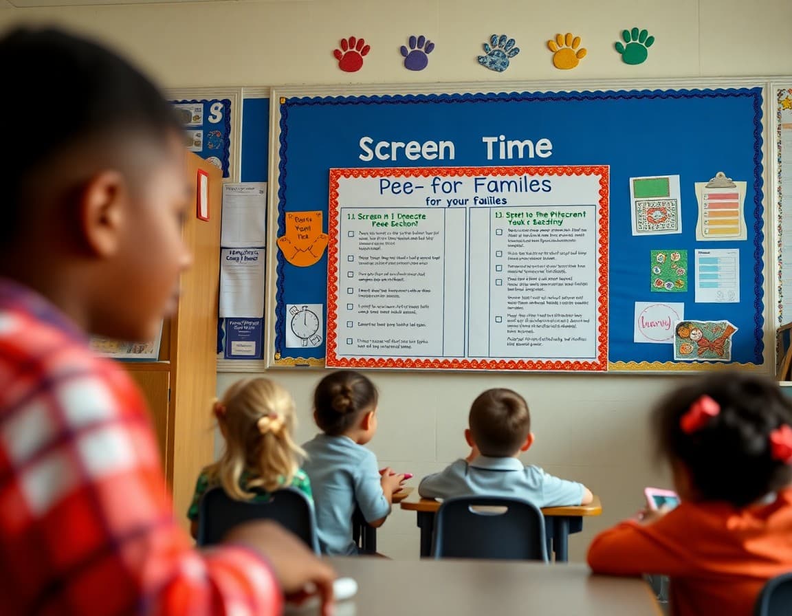 Pre-K classroom bulletin board displaying screen time tips for families