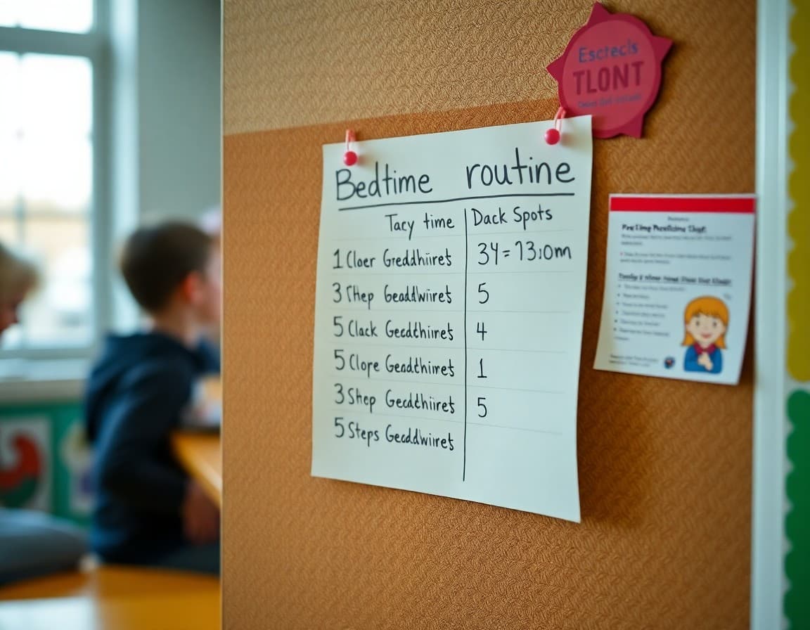 Handwritten Pre-K bedtime routine chart pinned to a family bulletin board