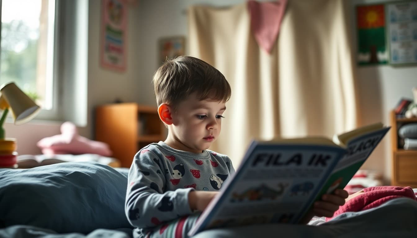 Preschool child in pajamas reading a bedtime story with a parent in a cozy bedroom