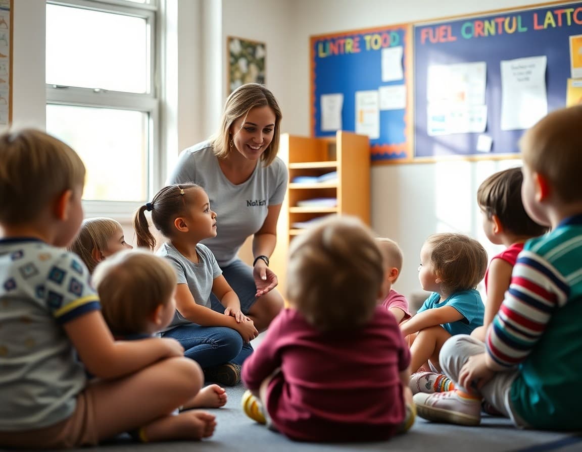 Pre-K teacher facilitating a small group sharing activity with children in a circle