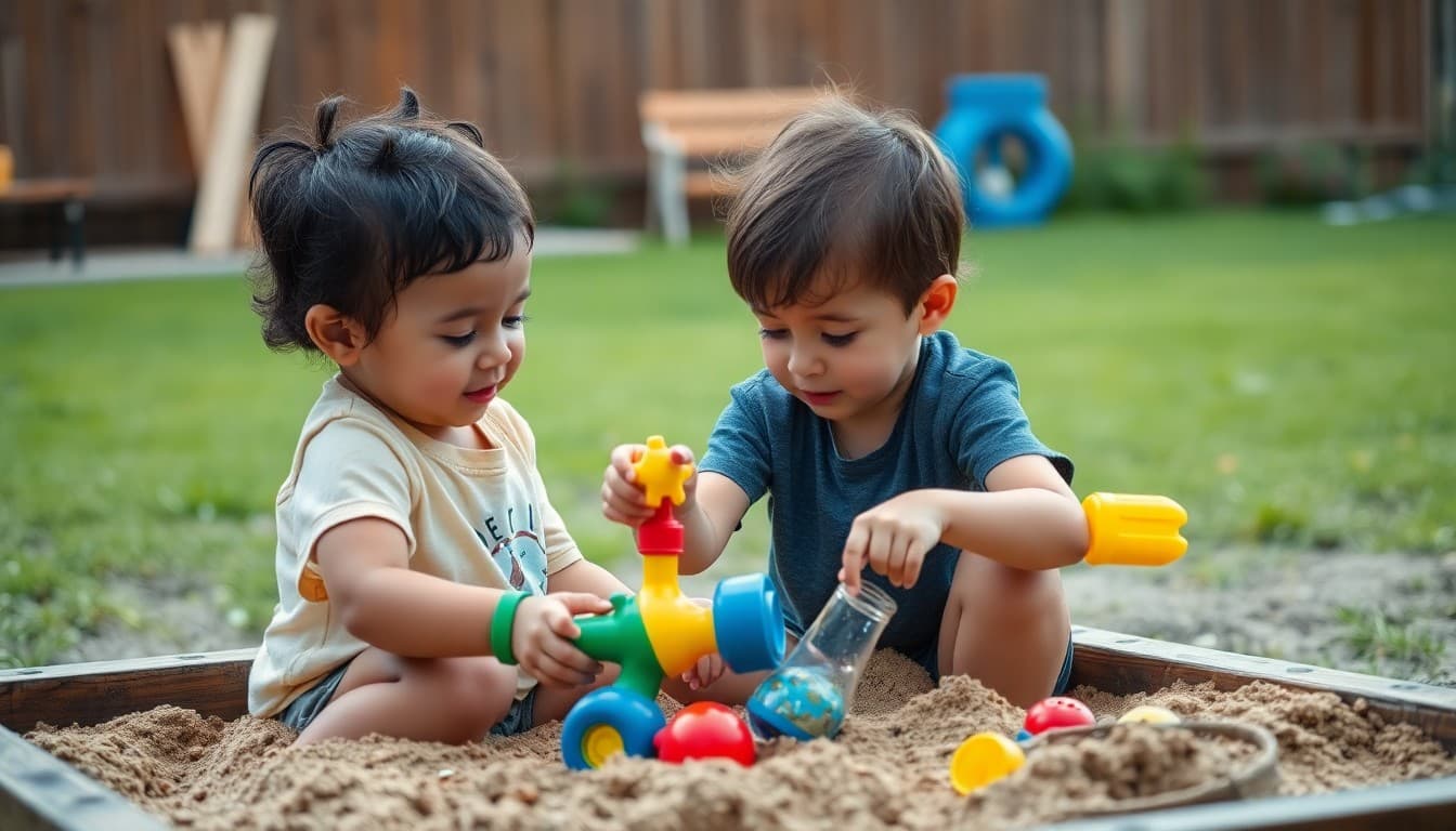 Two preschool children playing together and sharing toys in a backyard sandbox