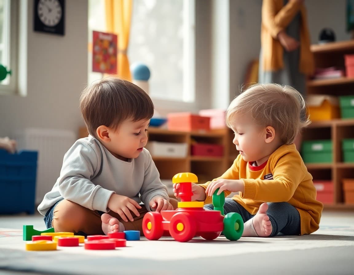 Two preschool children negotiating toy sharing with teacher support nearby