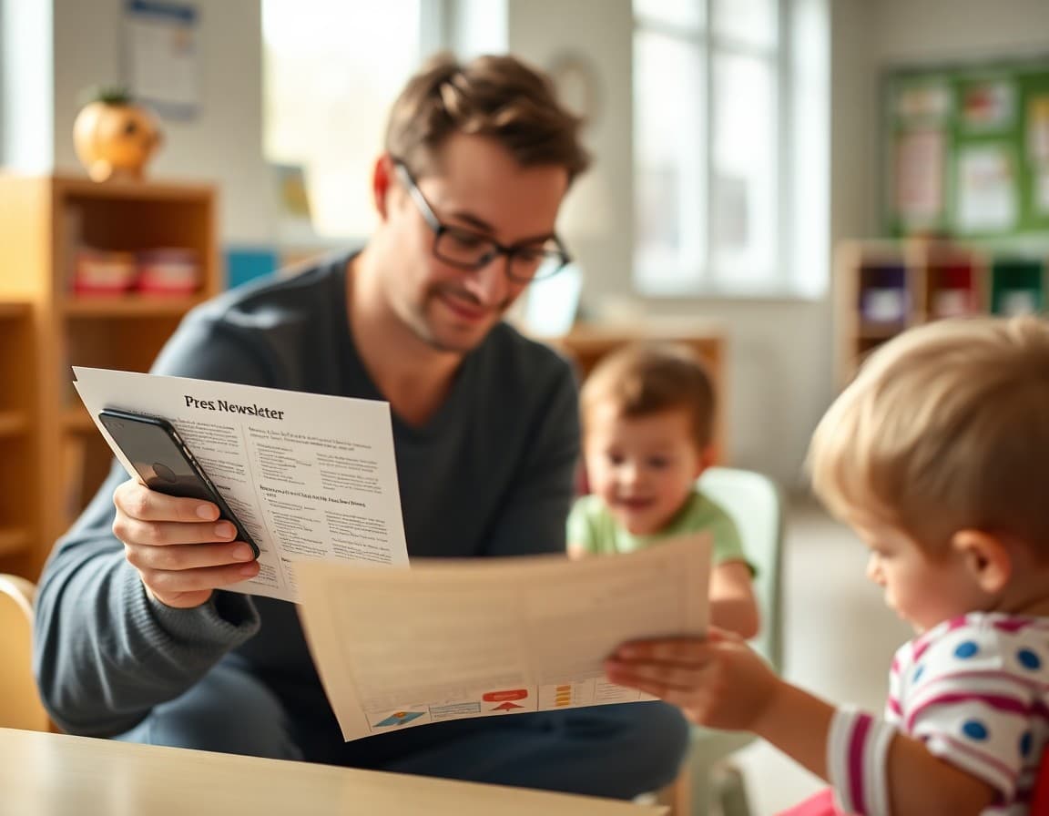Parent reading a Pre-K class newsletter on a phone while child plays nearby
