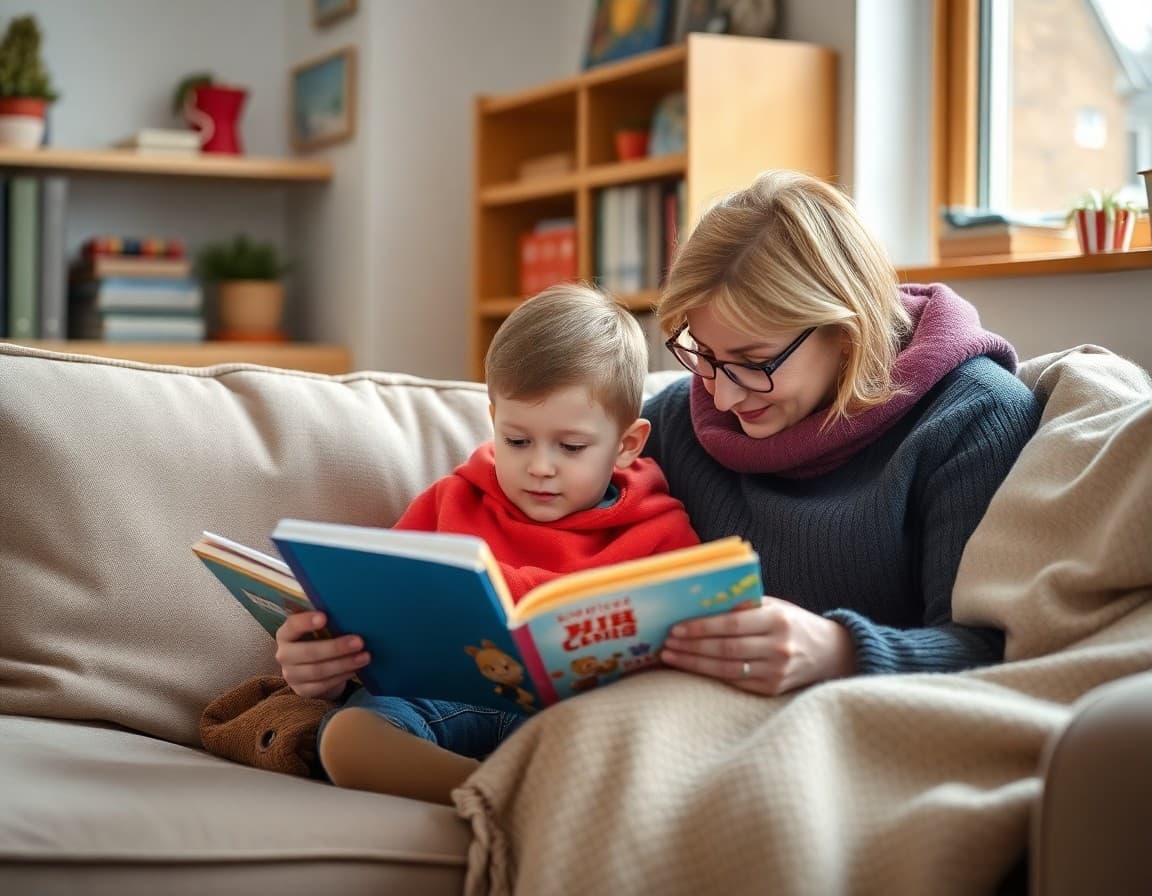 Pre-K child reading books on a cozy couch with a parent during winter school break
