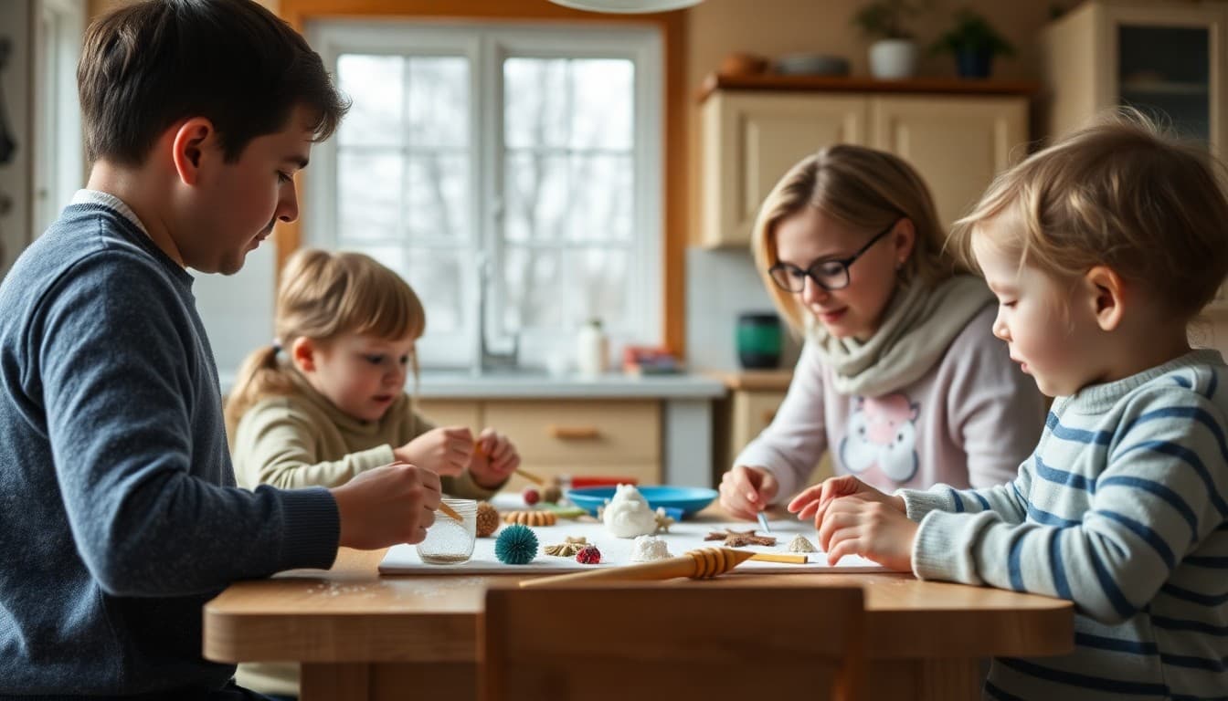 Preschool children and parent doing a winter craft activity together at the kitchen table