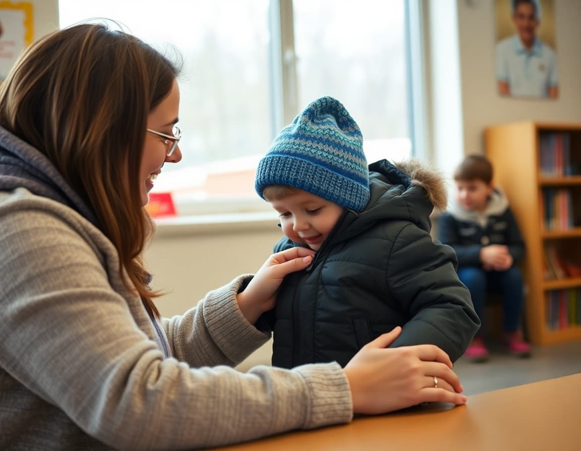 Pre-K teacher helping child zip up winter jacket before heading outside to the playground