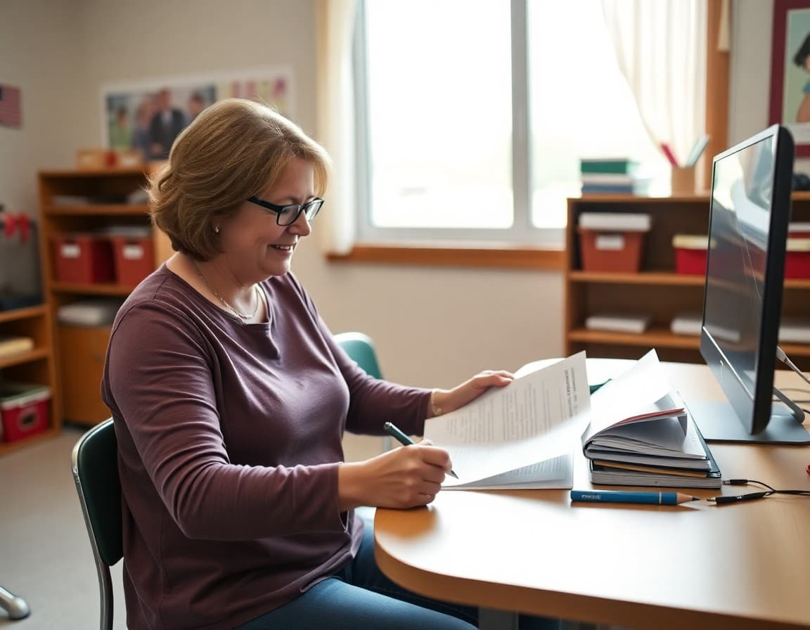 South Dakota preschool teacher preparing a family newsletter at her desk in a small-town school