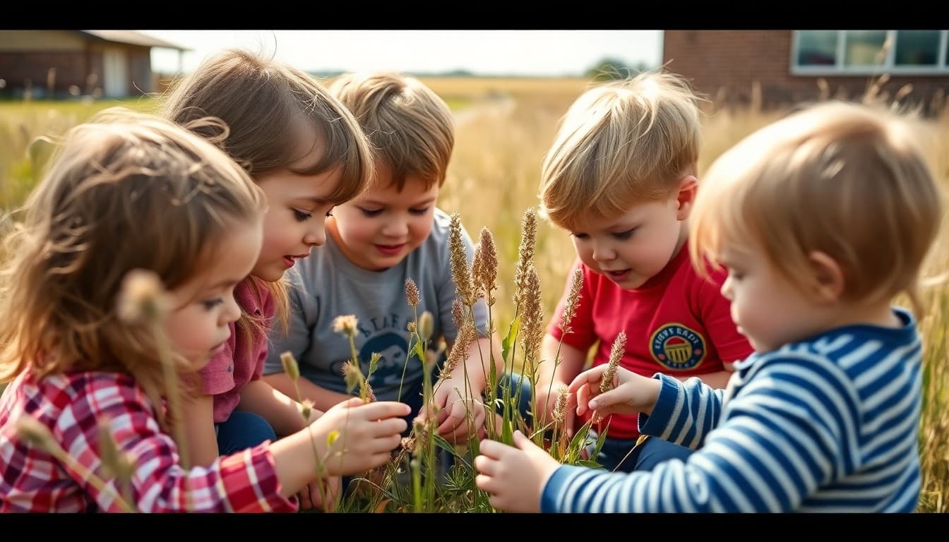 South Dakota Pre-K children exploring native plants in a school yard with prairie landscape