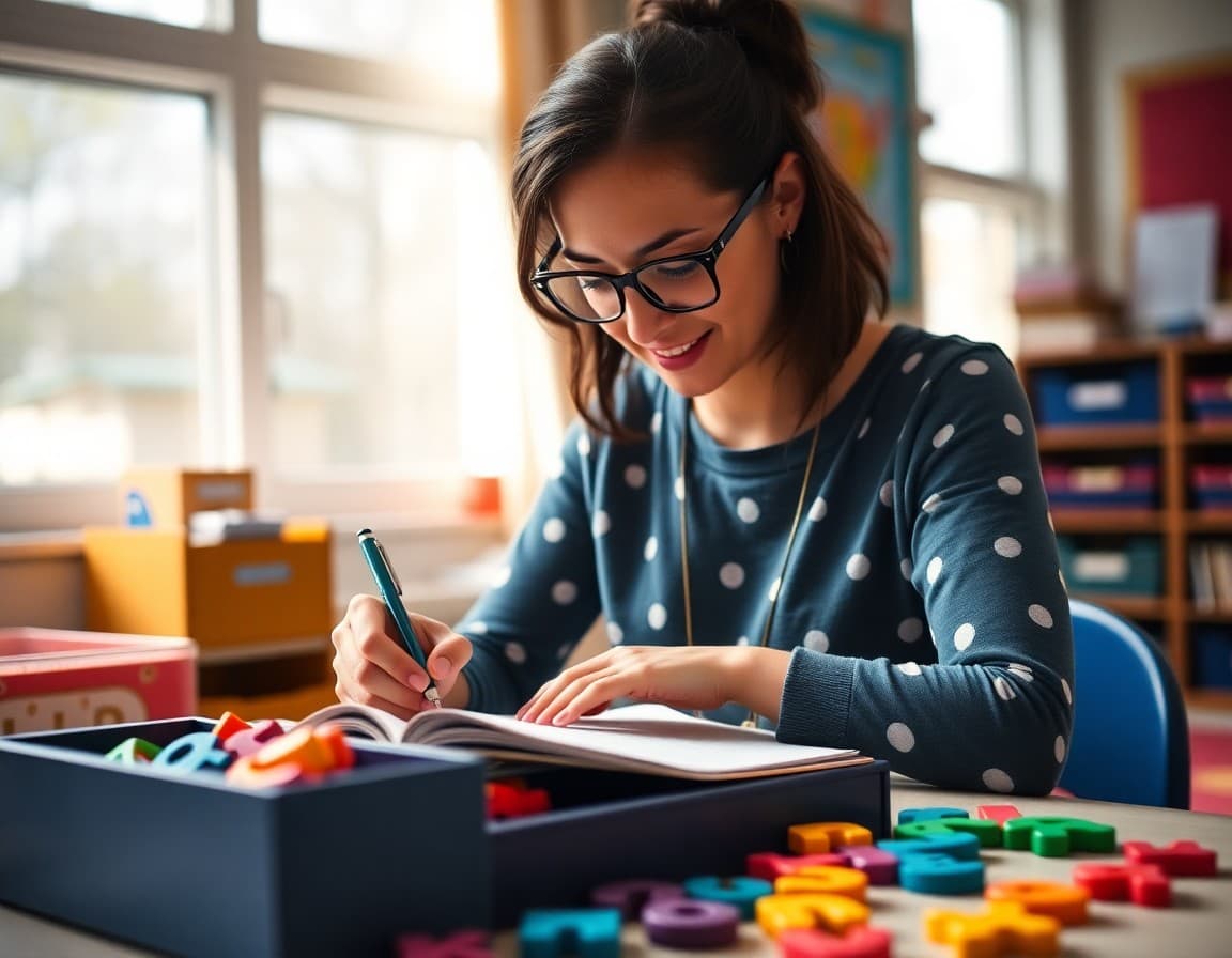 Pre-K teacher writing an alphabet unit newsletter surrounded by letter manipulatives