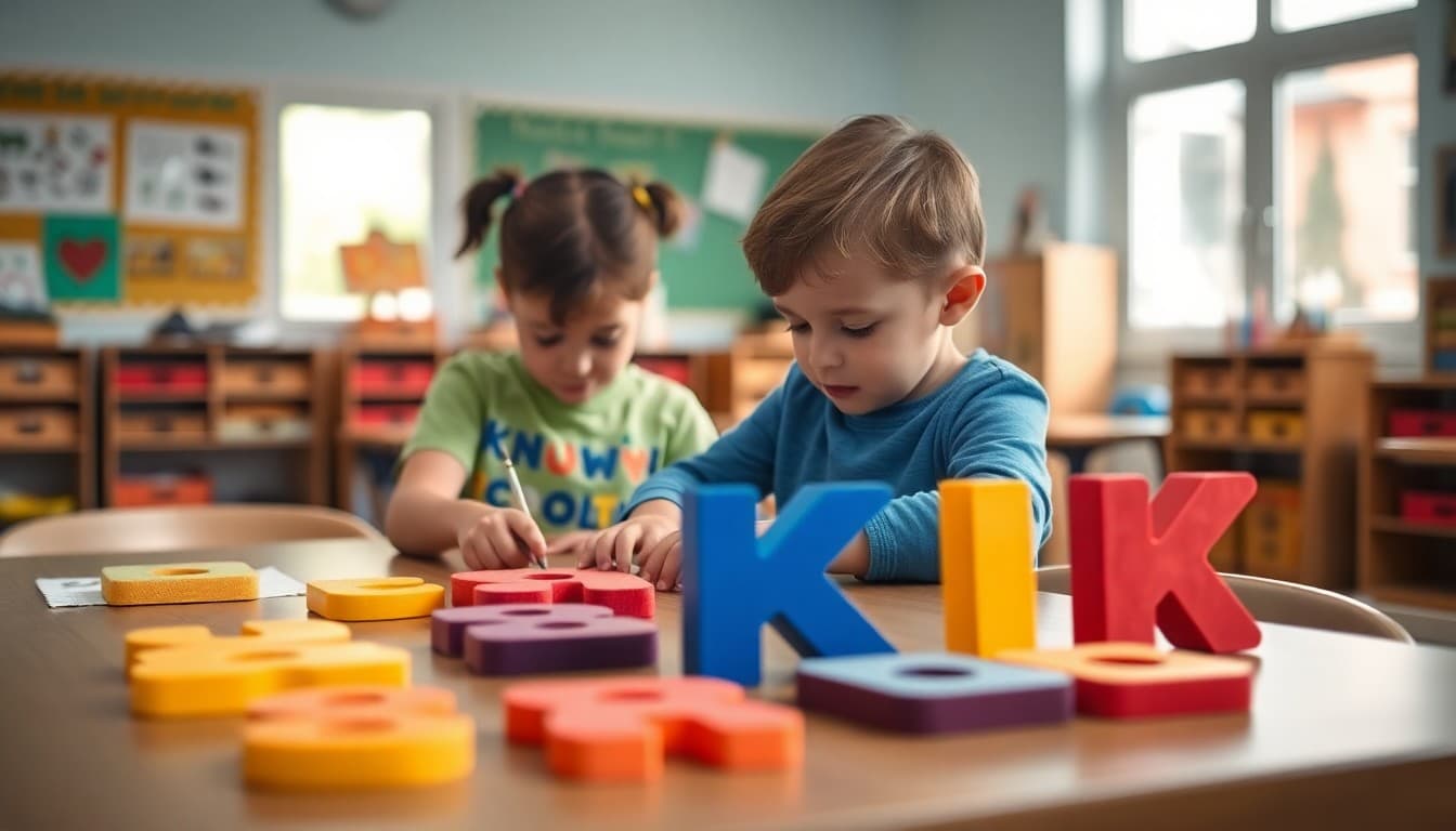 Pre-K children tracing large foam letters at a classroom activity table