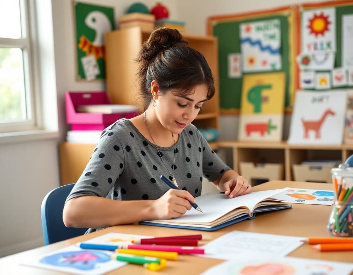 Pre-K teacher writing an art exploration newsletter at a desk surrounded by children's artwork